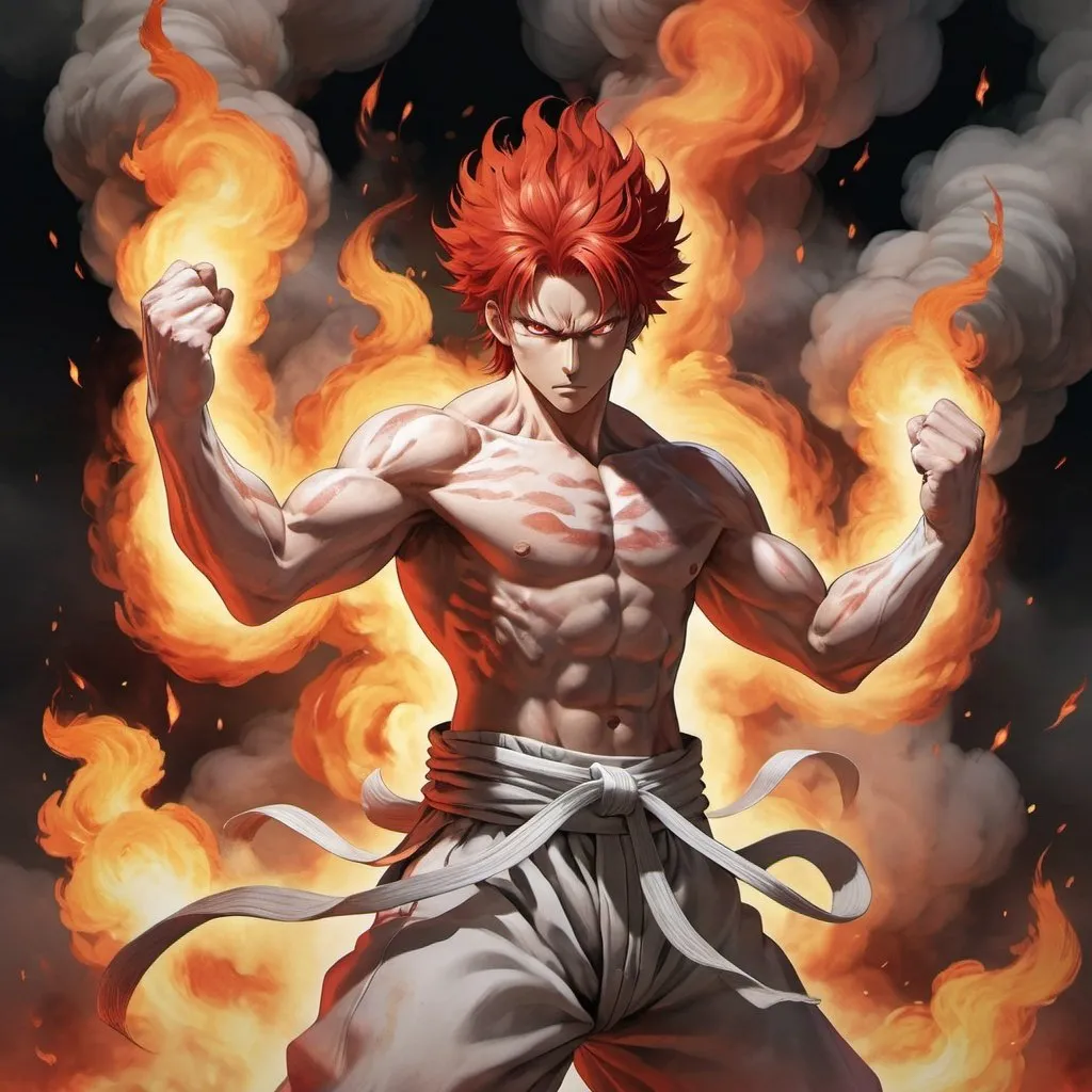 Prompt: a man with a red hair and a white body is standing in a cloud of smoke and fire with his arms outstretched, Baiōken Eishun, auto-destructive art, official art, concept art