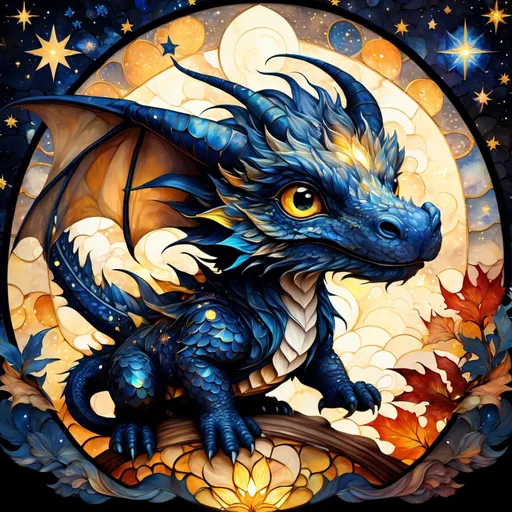 Prompt: an adorable chibi dragon wizard, dark starry night, gorgeous eyes, stained glass, fantasy illustration, textured with large visible brush strokes, hypermaximalism, astral patterns, star lit sky, masterpiece, breathtaking intricate details, in the style of Andreas Lie, van Gogh, Hokusai, Luke Gram, Albert Robida, Victo Ngai