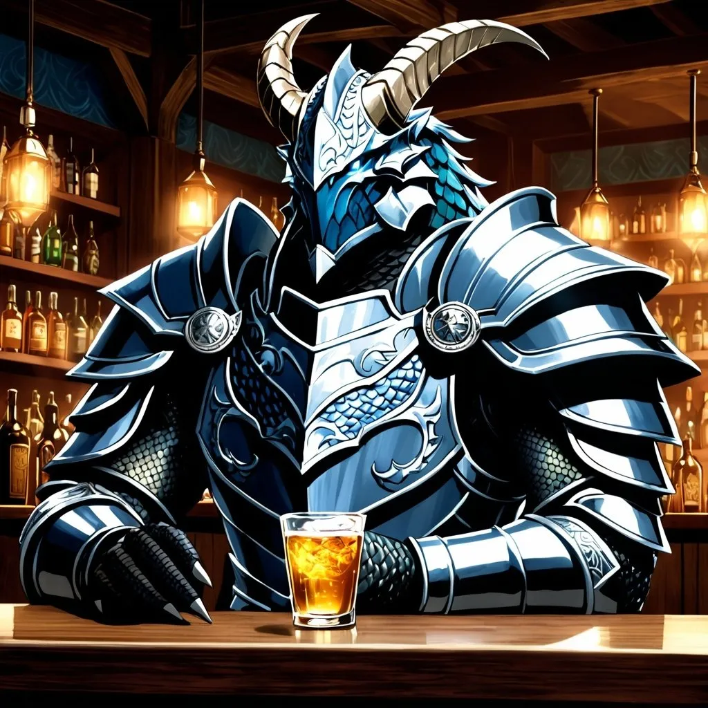 Prompt: Anime illustration of a Dragonborn Paladin heavily drinking in a bar, fantasy setting, detailed armor and scales, intense expression, mystical aura, dramatic lighting, best quality, highres, anime, fantasy, detailed character design.