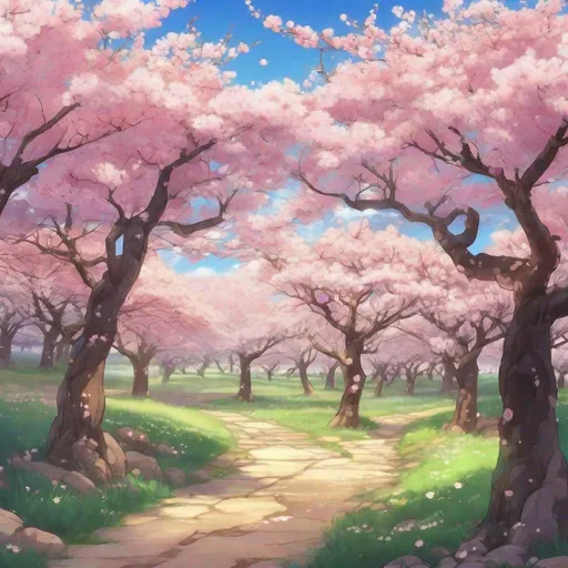 Prompt: Beautiful anime landscape with a cherry blossom orchard in full bloom