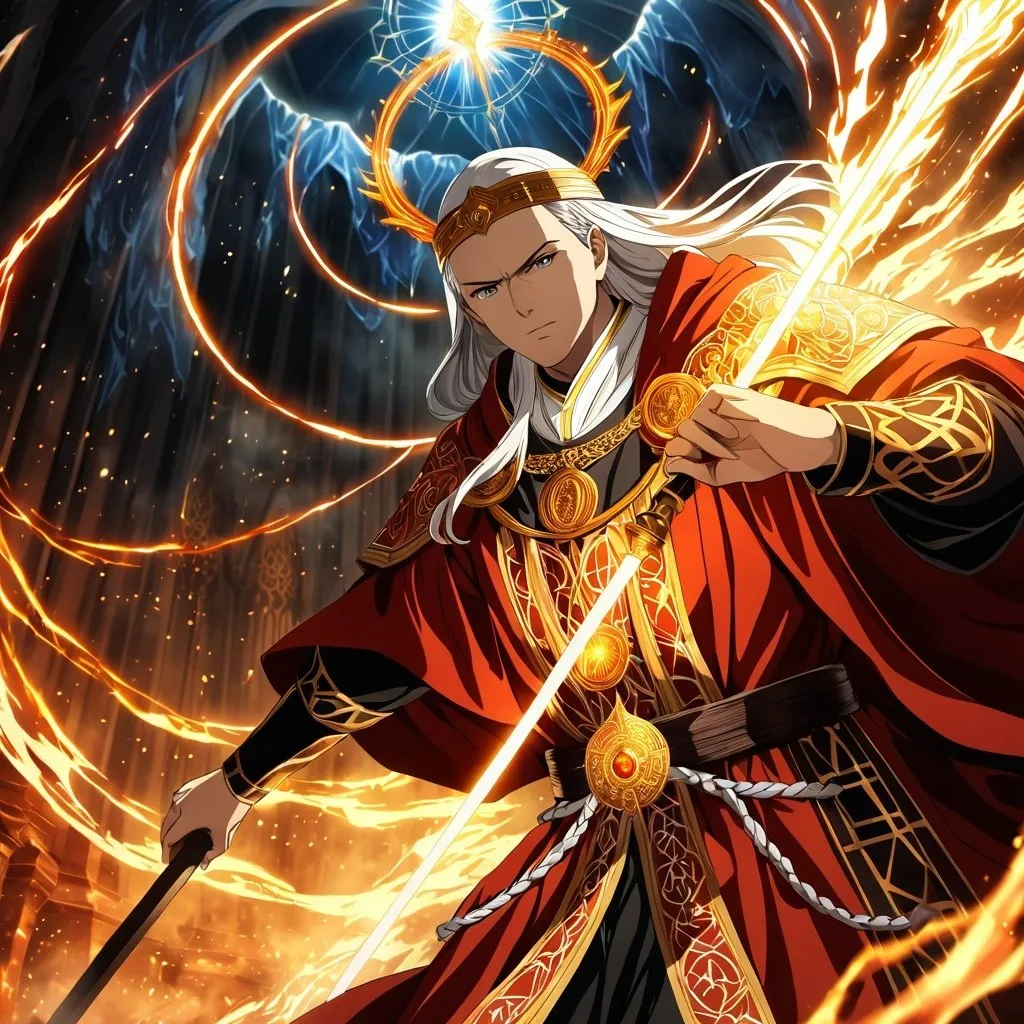 Prompt: Anime artwork of a wise and holy priest cleric, battling demons from hell, intense and focused gaze, detailed robes with intricate patterns, radiant holy aura, dramatic lighting, highres, ultra-detailed, anime, fantasy, intense battle, holy, detailed robes, dramatic lighting, radiant aura, demons, intense gaze