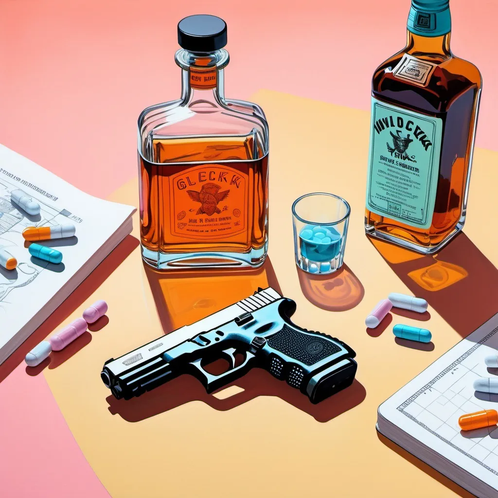 Prompt: fine line drawing, table with a glock pistol on it, a bottle of whiskey, and pills, vivid pastel color scheme