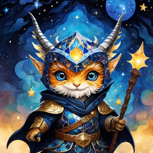 Prompt: an adorable chibi dragonborn wizard, dark starry night, gorgeous eyes, stained glass, fantasy illustration, textured with large visible brush strokes, detailed scales, hypermaximalism, astral patterns, star lit sky, masterpiece, breathtaking intricate details, in the style of Andreas Lie, van Gogh, Hokusai, Luke Gram, Albert Robida, Victo Ngai