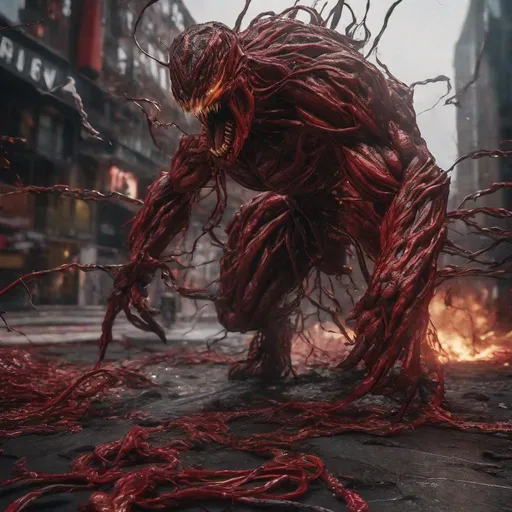 Prompt: Carnage, Highly Detailed, Hyperrealistic, sharp focus, Professional, UHD, HDR, 16K, Render, Album cover, electronic, dramatic, vivid, pressure, stress, nervous vibe, loud, tension, traumatic, dark, cataclysmic, violent, outdoor, fighting, Epic, demonic, antagonist, 