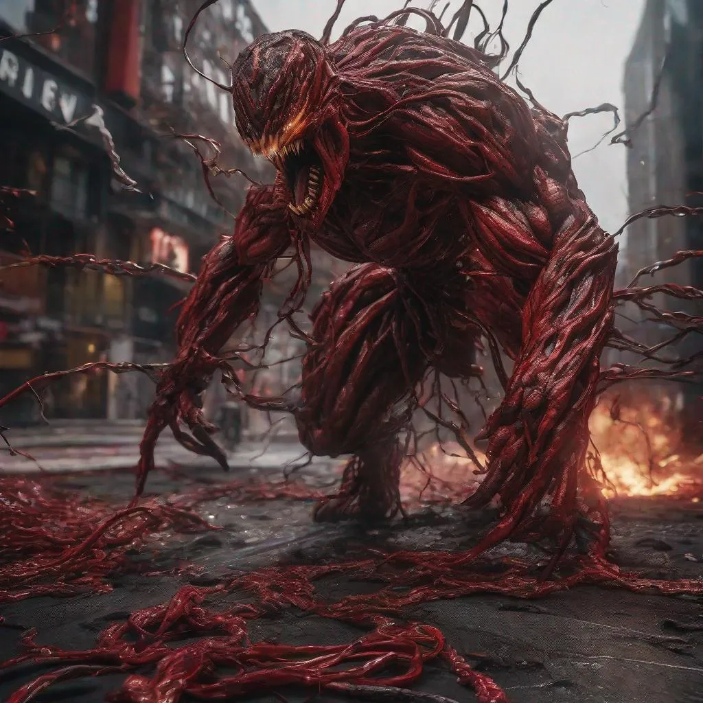 Prompt: Carnage, Highly Detailed, Hyperrealistic, sharp focus, Professional, UHD, HDR, 16K, Render, Album cover, electronic, dramatic, vivid, pressure, stress, nervous vibe, loud, tension, traumatic, dark, cataclysmic, violent, outdoor, fighting, Epic, demonic, antagonist, 