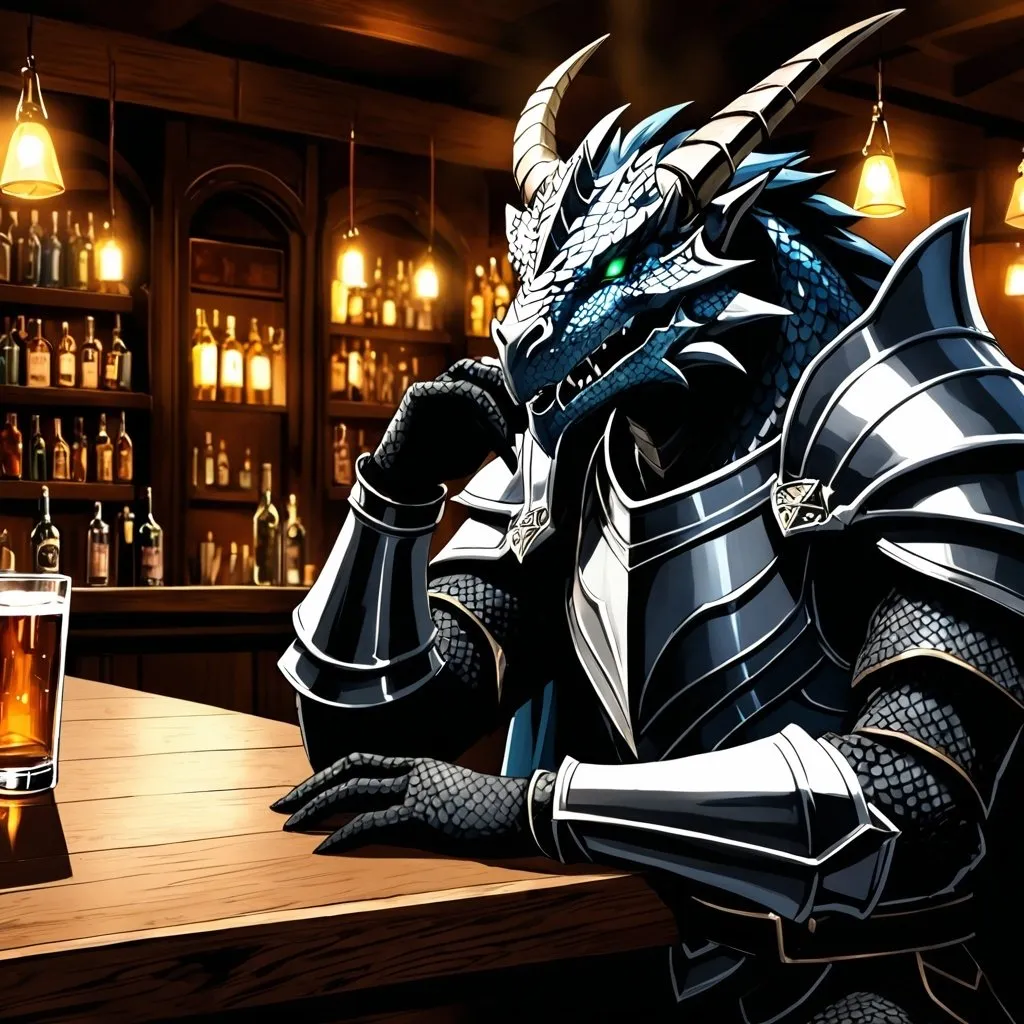 Prompt: Anime illustration of a Dragonborn Paladin heavily drinking in a bar, fantasy setting,  black scales, intense expression, mystical aura, dramatic lighting, best quality, highres, anime, fantasy, detailed character design.