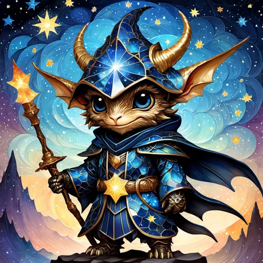 Prompt: an adorable chibi dragonborn wizard, dark starry night, gorgeous eyes, stained glass, fantasy illustration, textured with large visible brush strokes, detailed scales, hypermaximalism, astral patterns, star lit sky, masterpiece, breathtaking intricate details, in the style of Andreas Lie, van Gogh, Hokusai, Luke Gram, Albert Robida, Victo Ngai