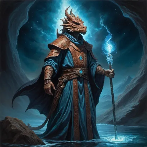 Prompt: Brave dragonborn adventurer at the edge of the infinite void, flowing robe, glowing staff, mystical, ethereal, surreal lighting, captivating colors, magical, dark and mysterious, surreal, infinite expanse, high quality oil painting, detailed, fantasy art, professional, artistic rendering, surreal, detailed facial features, detailed scales, mystical atmosphere, enchanting, captivating, surreal lighting