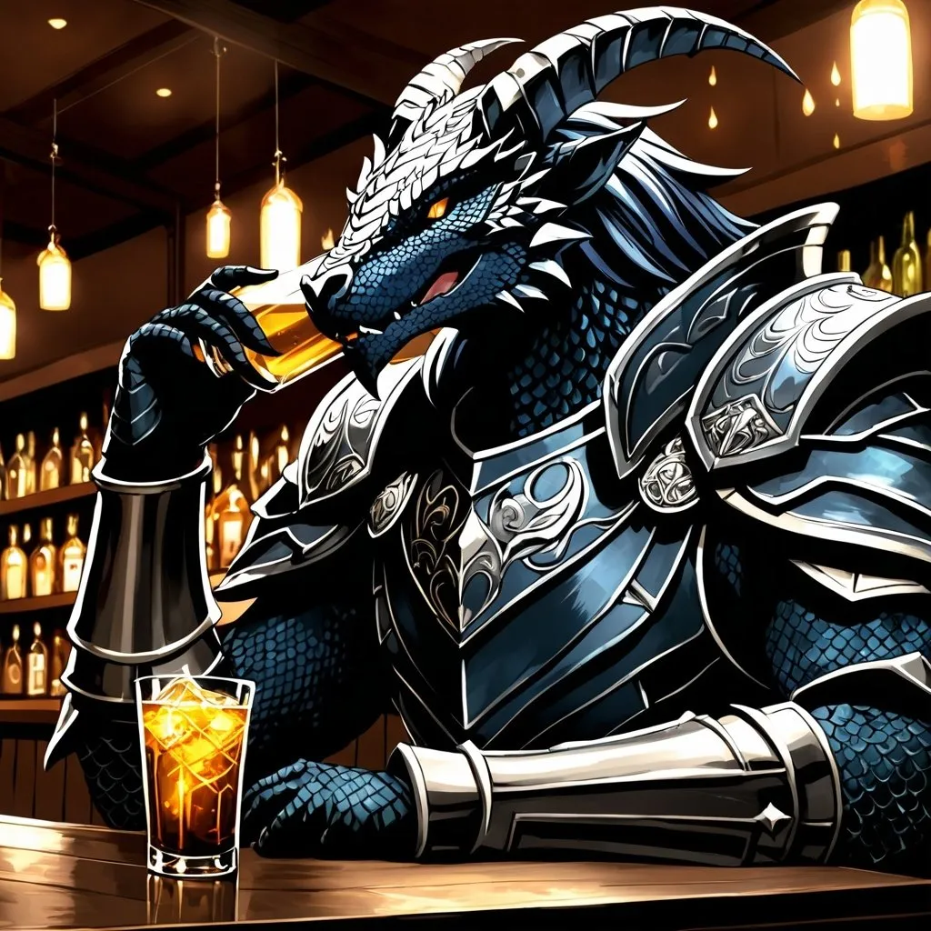 Prompt: Anime illustration of a Dragonborn Paladin heavily drinking in a bar, fantasy setting,  black scales, intense expression, mystical aura, dramatic lighting, best quality, highres, anime, fantasy, detailed character design.