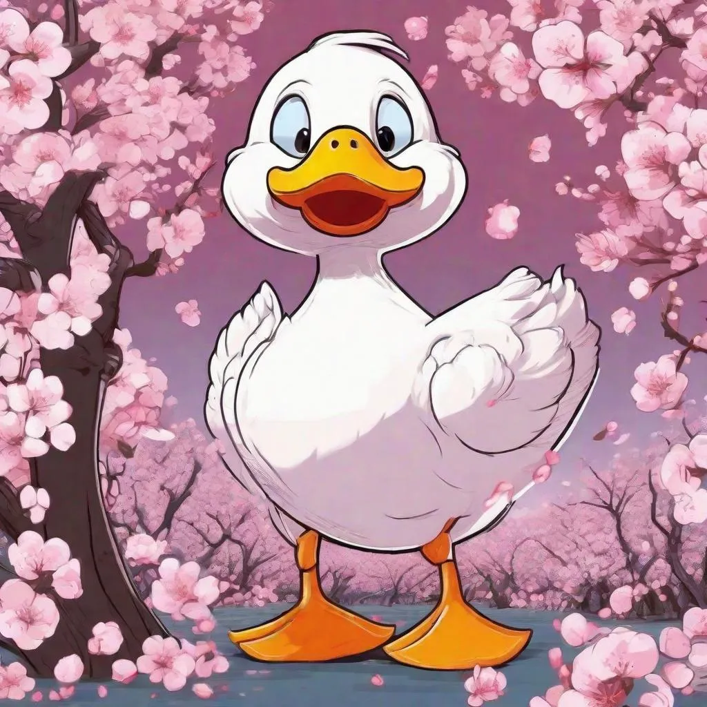Prompt: a funny cartoon duck in a cherry blossom orchard in full bloom in the style of modern pixar