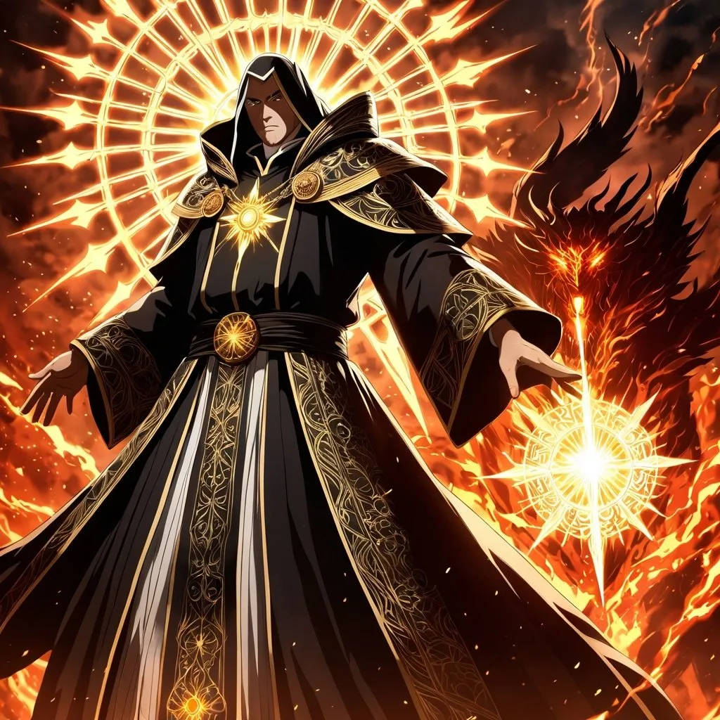 Prompt: Anime artwork of a wise and holy priest cleric, battling demons from hell, intense and focused gaze, detailed robes with intricate patterns, radiant holy aura, dramatic lighting, highres, ultra-detailed, anime, fantasy, intense battle, holy, detailed robes, dramatic lighting, radiant aura, demons, intense gaze