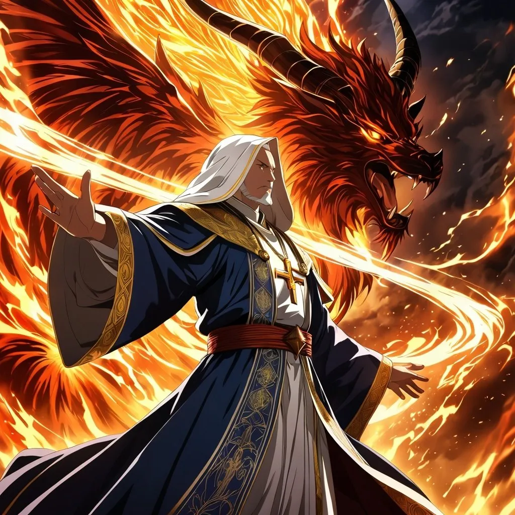 Prompt: Anime artwork of a wise and holy priest cleric, battling demons from hell, intense and focused gaze, detailed robes with intricate patterns, radiant holy aura, dramatic lighting, highres, ultra-detailed, anime, fantasy, intense battle, holy, detailed robes, dramatic lighting, radiant aura, demons, intense gaze