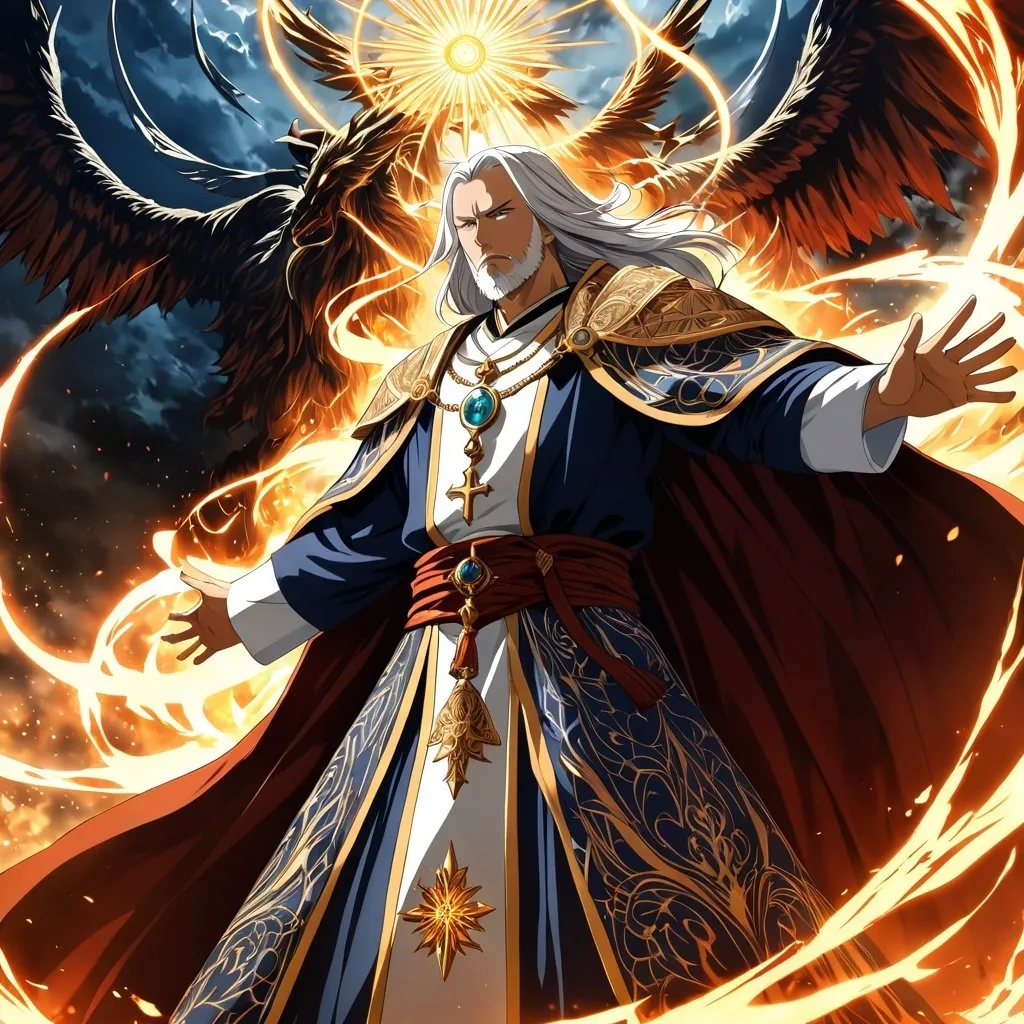 Prompt: Anime artwork of a wise and holy priest cleric, battling demons from hell, intense and focused gaze, detailed robes with intricate patterns, radiant holy aura, dramatic lighting, highres, ultra-detailed, anime, fantasy, intense battle, holy, detailed robes, dramatic lighting, radiant aura, demons, intense gaze