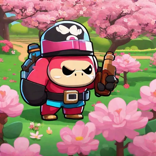 Prompt: a brawl stars brawler standing in a cherry blossom orchard in full bloom