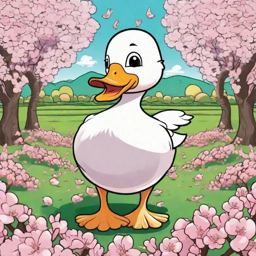 Prompt: a cartoon duck in a cherry blossom orchard in full bloom