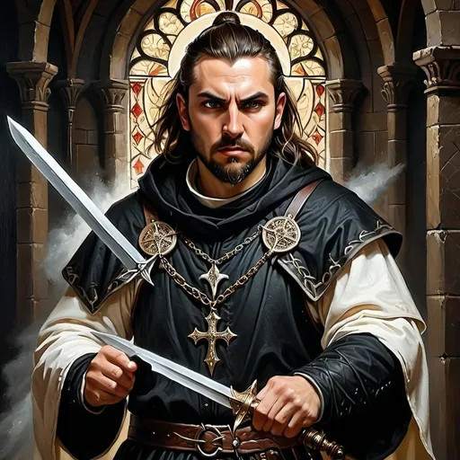 Prompt: Assassin priest cleric holding holy daggers, oil painting, intense expression, intricate details, medieval fantasy, high contrast, dramatic lighting, dark tones, professional quality, oil painting, intense, medieval fantasy, dramatic lighting, dark tones, holy daggers, assassin priest cleric, professional quality, intricate details, high contrast