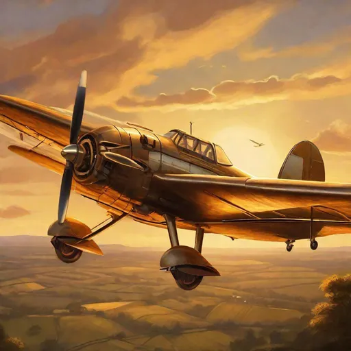 Prompt: High-quality digital illustration of a vintage  plane in a scenic sunset, realistic oil painting style, warm golden tones, detailed cockpit with vintage controls, serene countryside landscape below, nostalgic atmosphere, dramatic lighting, ultra-detailed, oil painting, vintage plane, scenic sunset, golden tones, cockpit details, countryside landscape, nostalgic atmosphere, dramatic lighting