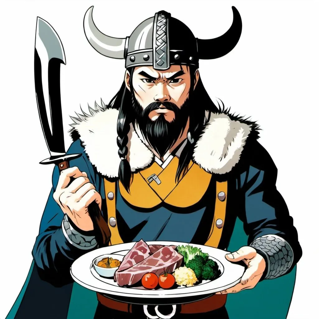 Prompt: a manga drawing of a man dressed as a viking holding a plate of food and a knife and fork in his hand, Ding Guanpeng, superflat, official art, a character portrait