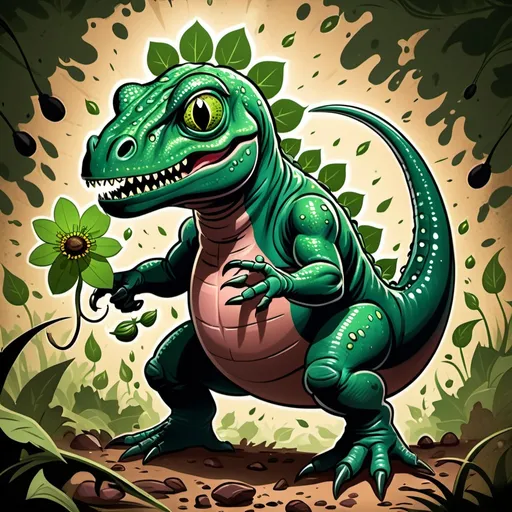 Prompt: frogo-dino-thing with a green flower bulb on back shooting out leech seeds that grasp and grow into vine explosions, in card art style
