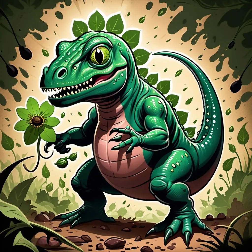 Prompt: frogo-dino-thing with a green flower bulb on back shooting out leech seeds that grasp and grow into vine explosions, in card art style
