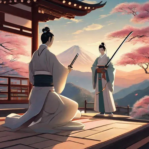 Prompt: Zenayata teaching Genji to use a sword, digital illustration, serene and peaceful ambiance, detailed robotic features, tranquil mountain backdrop, traditional Japanese architecture, spiritual guidance, high quality, digital illustration, serene ambiance, detailed robotic features, traditional architecture, tranquil mountain backdrop, spiritual guidance