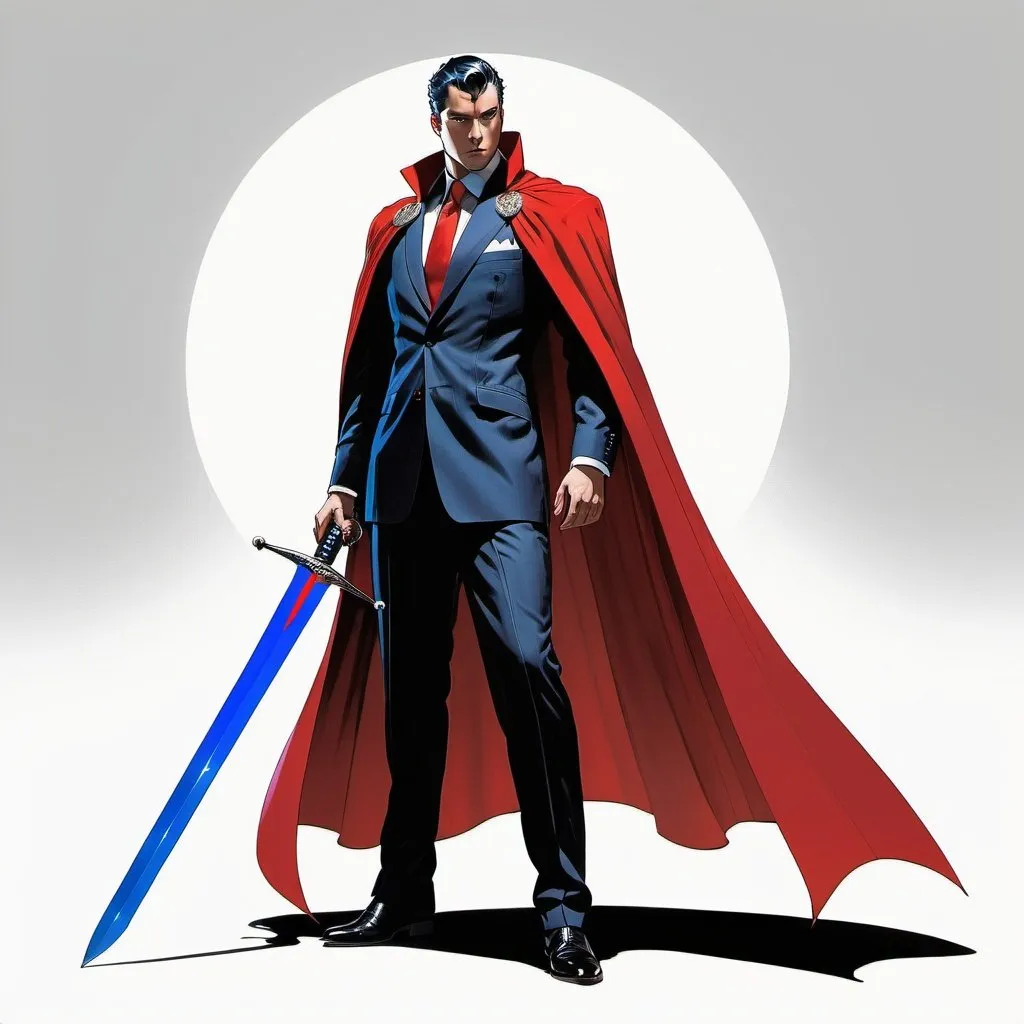 Prompt: Man in suit and cape with sword, white background with red and blue tail, Altichiero, Dada, noir, manga concept art, highres, detailed, professional, manga, noir, Altichiero, white background, red and blue tail, suit and cape, sword, dramatic lighting
