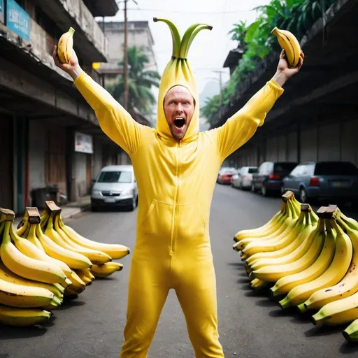 Prompt: a man in a banana suit is standing with his arms up and his hands in the air, with a banana on his head, Dong Kingman, rayonism, p, a stock photo