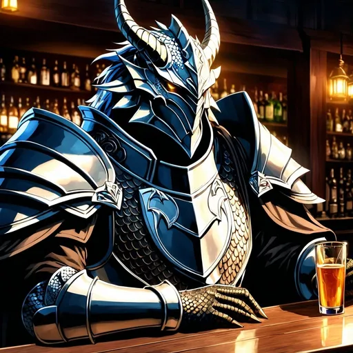 Prompt: Anime illustration of a Dragonborn Paladin heavily drinking in a bar, fantasy setting, detailed armor and scales, intense expression, mystical aura, dramatic lighting, best quality, highres, anime, fantasy, detailed character design.