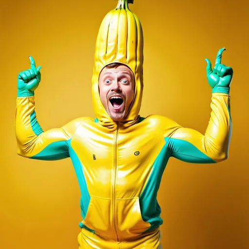 Prompt: Man in banana suit with arms up, banana on head, Dong Kingman style, rayonism, vibrant colors, energetic pose, playful expression, detailed textures, high quality, stock photo, fun vibes, professional lighting