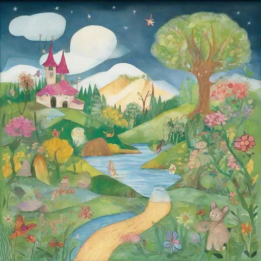 Prompt: A child's illustration of a fairy landscape.