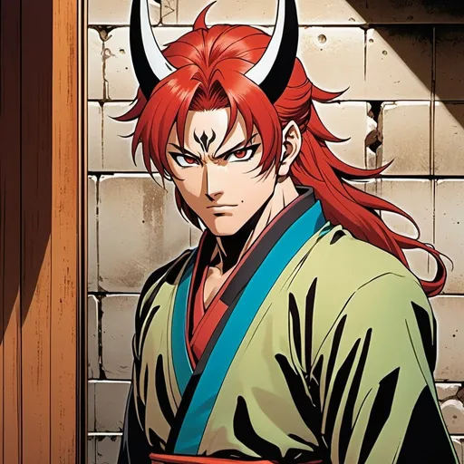Prompt: a man with red hair and a demon mask on, standing in front of a wall with a hole in it, Baiōken Eishun, sots art, official art, a comic book panel