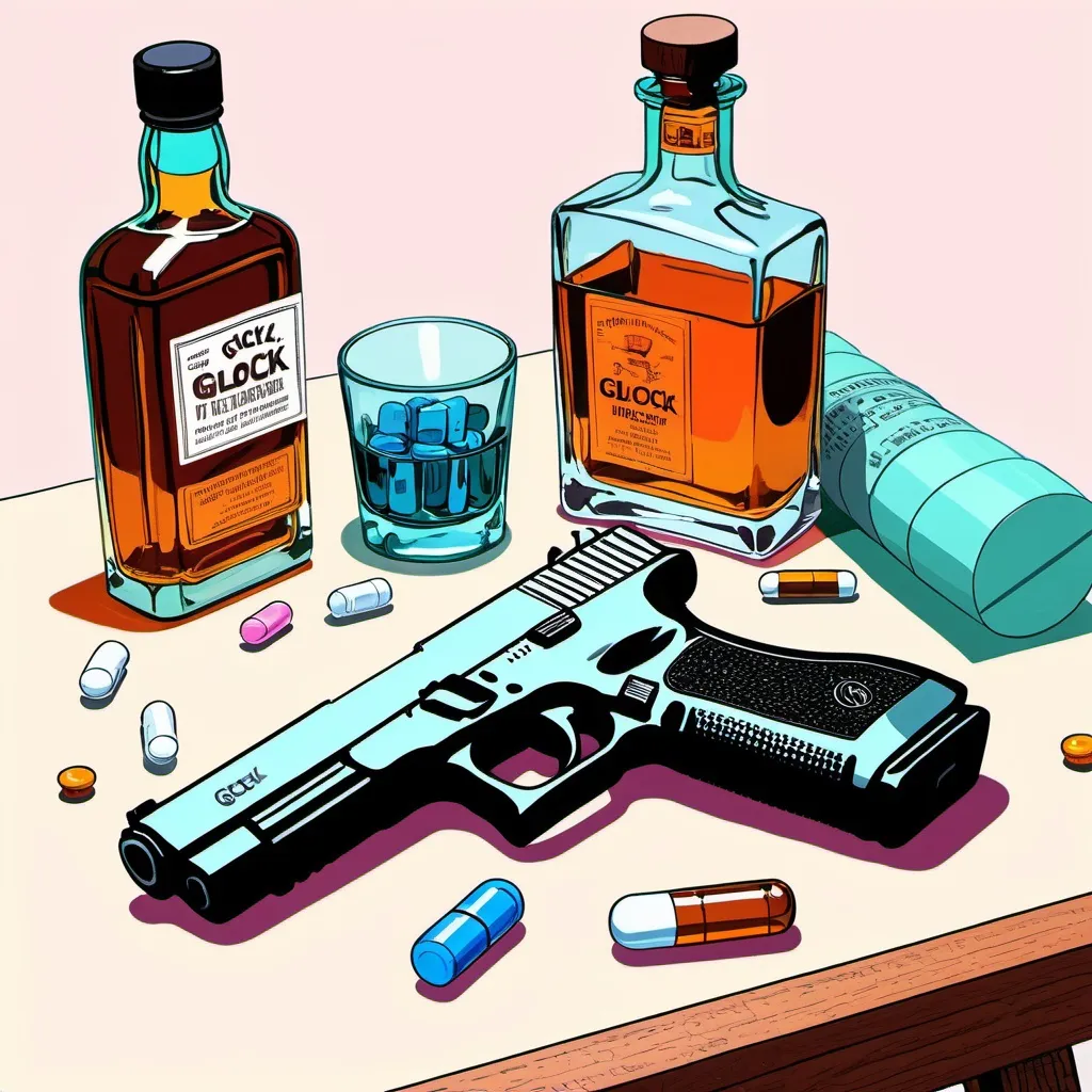 Prompt: fine line drawing, table with a glock pistol on it, a bottle of whiskey, and pills, vivid pastel color scheme