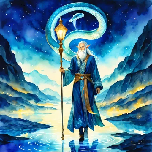 Prompt: Anime illustration of an old elf cleric holding the staff of python, walking on glowing blue lake, surrounded by the god of all pythons, highres, fantasy, detailed facial features, watercolor painting, ethereal glow, mythical creatures, ancient aura, serene atmosphere, vibrant colors, majestic lighting