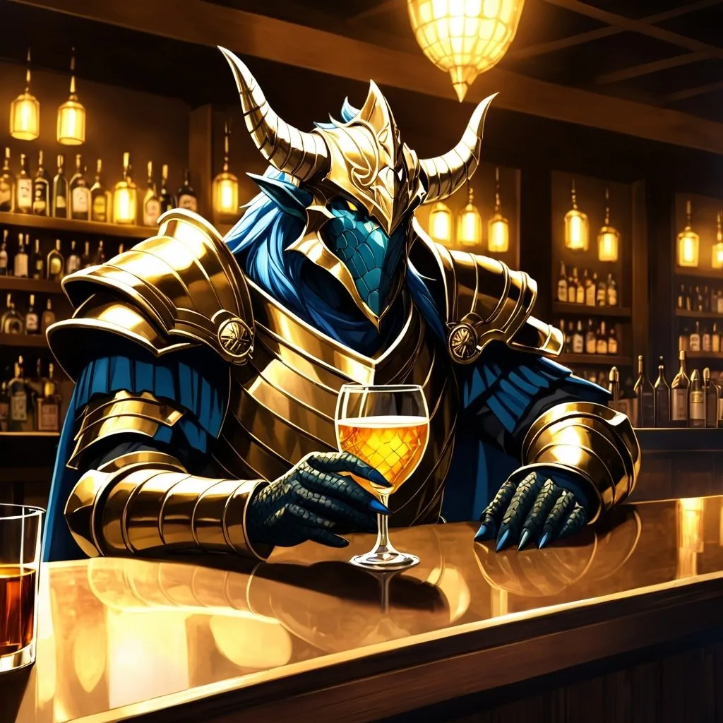 Prompt: Anime illustration of a Dragonborn Paladin heavily drinking in a bar, fantasy setting,  gold scales, intense expression, mystical aura, dramatic lighting, best quality, highres, anime, fantasy, detailed character design.