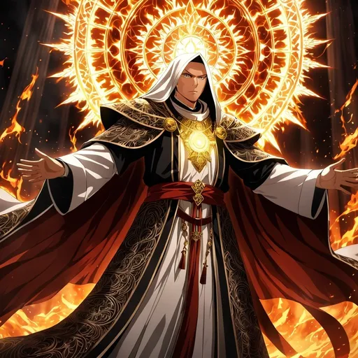 Prompt: Anime artwork of a wise and holy priest cleric, battling demons from hell, intense and focused gaze, detailed robes with intricate patterns, radiant holy aura, dramatic lighting, highres, ultra-detailed, anime, fantasy, intense battle, holy, detailed robes, dramatic lighting, radiant aura, demons, intense gaze