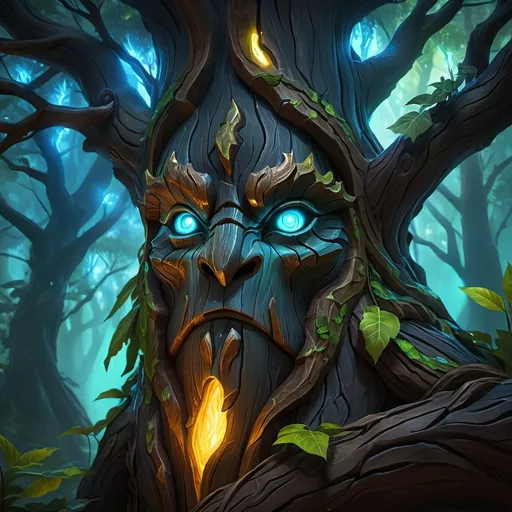 Prompt: Maokai, treant guardian, ancient forest setting, glowing eyes, nature's fury, protective stance, dark encroaching, detailed bark texture, mystical atmosphere, high quality, digital painting, vibrant colors, dramatic lighting, powerful presence, vigilant, ancient, fantasy, mystical, textured bark, atmospheric lighting