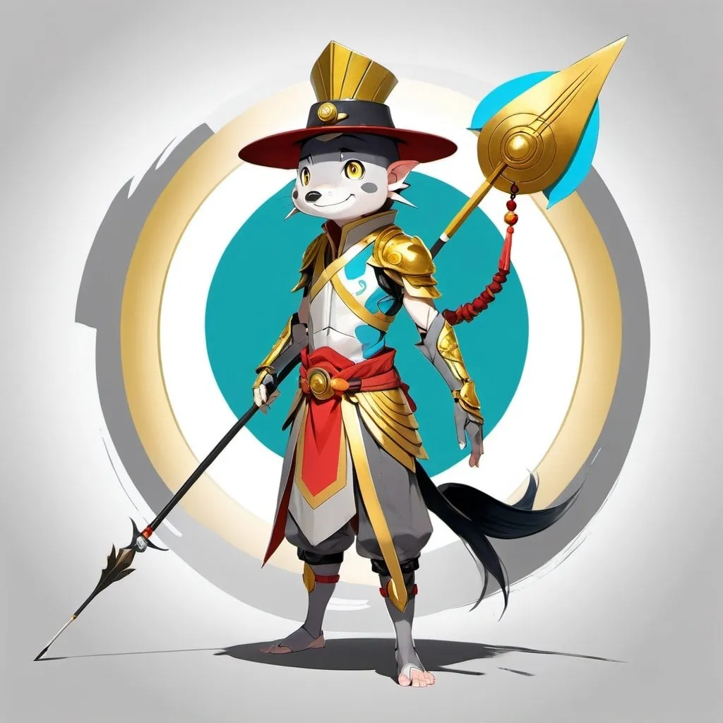 Prompt: a character in a costume holding a spear and a hat on a gray background with a gold spot in the middle, Ai-Mitsu, mingei, lostfish, concept art