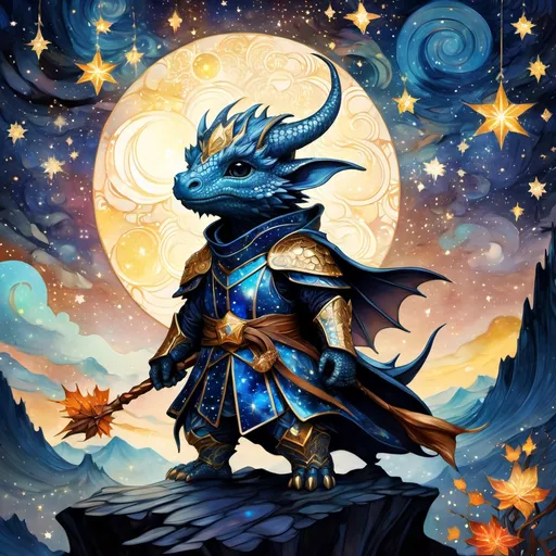 Prompt: an adorable chibi dragonborn wizard, dark starry night, gorgeous eyes, stained glass, fantasy illustration, textured with large visible brush strokes, hypermaximalism, astral patterns, star lit sky, masterpiece, breathtaking intricate details, in the style of Andreas Lie, van Gogh, Hokusai, Luke Gram, Albert Robida, Victo Ngai