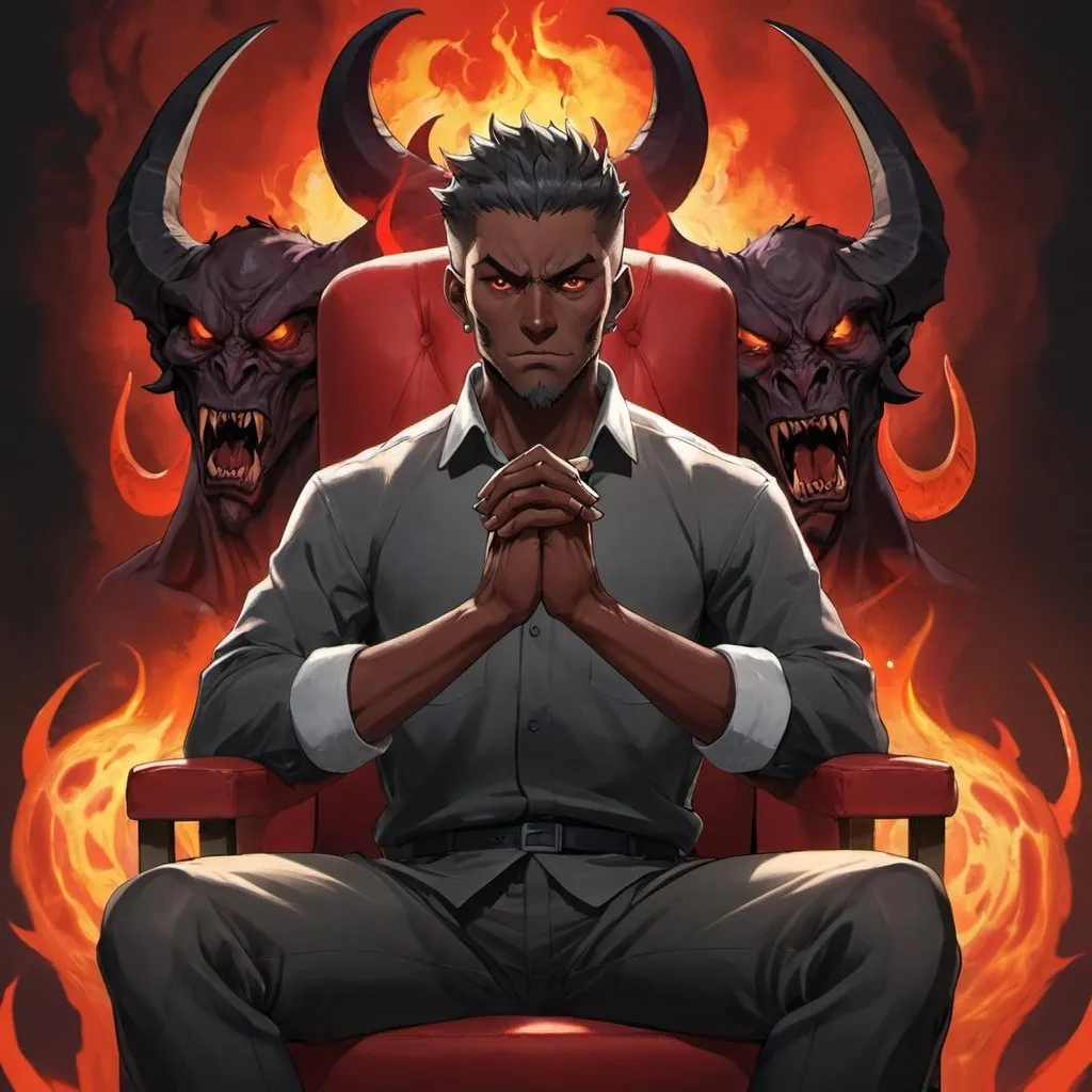 Prompt: a man sitting in a chair with his hands folded in front of him and a demon behind him with his hands folded in front of him, Adam Manyoki, sots art, official art, a character portrait