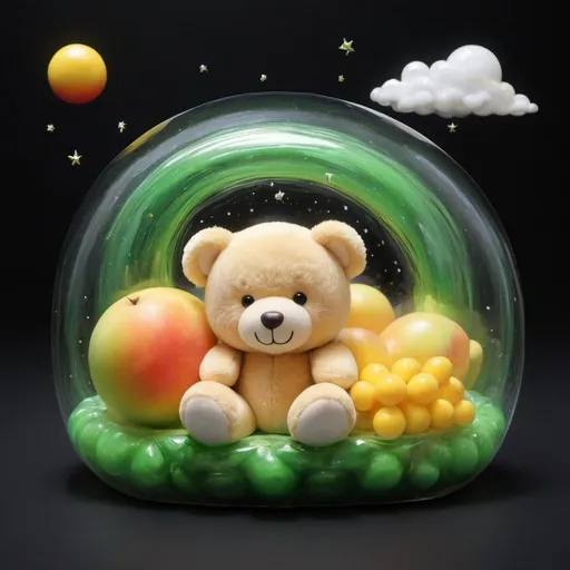 Prompt: anime digital oil painting. unripe horizontal mango shape containing a teddy bear shaped like clouds and rainbows and enclosed in green transparent plastic wrap. space landscape on black background.

--q 1 --w 1000 --s 1000 --chaos 1000 --creative 3000 --niji 6