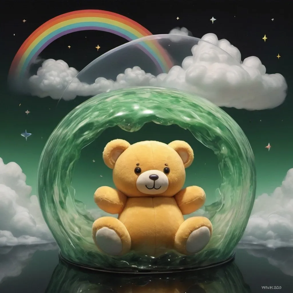 Prompt: anime digital oil painting. unripe horizontal mango shape containing a teddy bear shaped like clouds and rainbows and enclosed in green transparent plastic wrap. space landscape on black background.

--q 1 --w 1000 --s 1000 --chaos 1000 --creative 3000 --niji 6