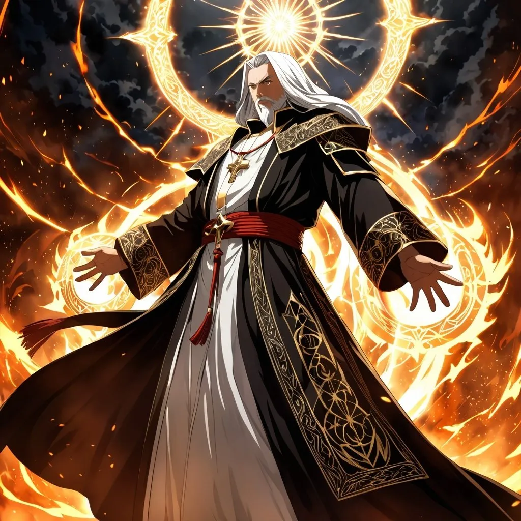 Prompt: Anime artwork of a wise and holy priest cleric, battling demons from hell, intense and focused gaze, detailed robes with intricate patterns, radiant holy aura, dramatic lighting, highres, ultra-detailed, anime, fantasy, intense battle, holy, detailed robes, dramatic lighting, radiant aura, demons, intense gaze