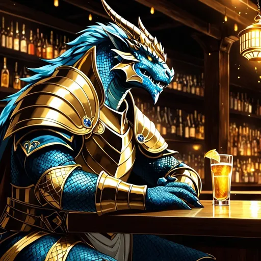 Prompt: Anime illustration of a Dragonborn Paladin heavily drinking in a bar, fantasy setting,  gold scales, intense expression, mystical aura, dramatic lighting, best quality, highres, anime, fantasy, detailed character design.