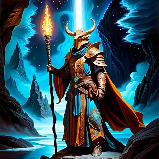 Prompt: Brave dragonborn adventurer at the edge of the infinite void, flowing robe, glowing staff, mystical, ethereal, surreal lighting, captivating colors, magical, dark and mysterious, surreal, infinite expanse, high quality oil painting, detailed, ancient, fantasy art, professional, artistic rendering, surreal, detailed facial features, detailed scales, mystical atmosphere, enchanting, captivating, surreal lighting