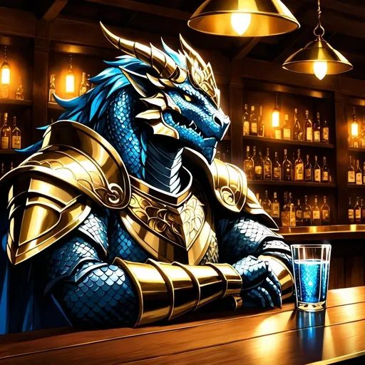 Prompt: Anime illustration of a Dragonborn Paladin heavily drinking in a bar, fantasy setting,  gold scales, intense expression, mystical aura, dramatic lighting, best quality, highres, anime, fantasy, detailed character design.