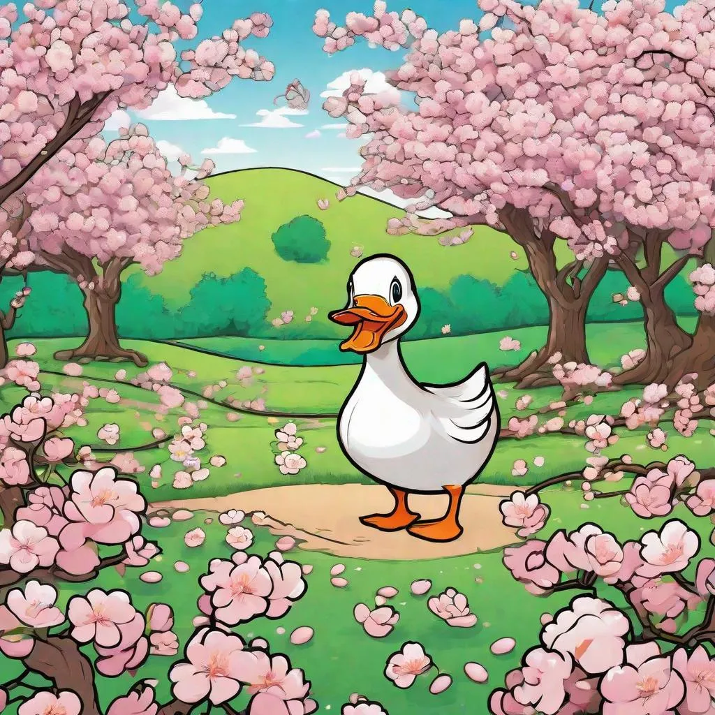 Prompt: a funny cartoon duck in a cherry blossom orchard in full bloom