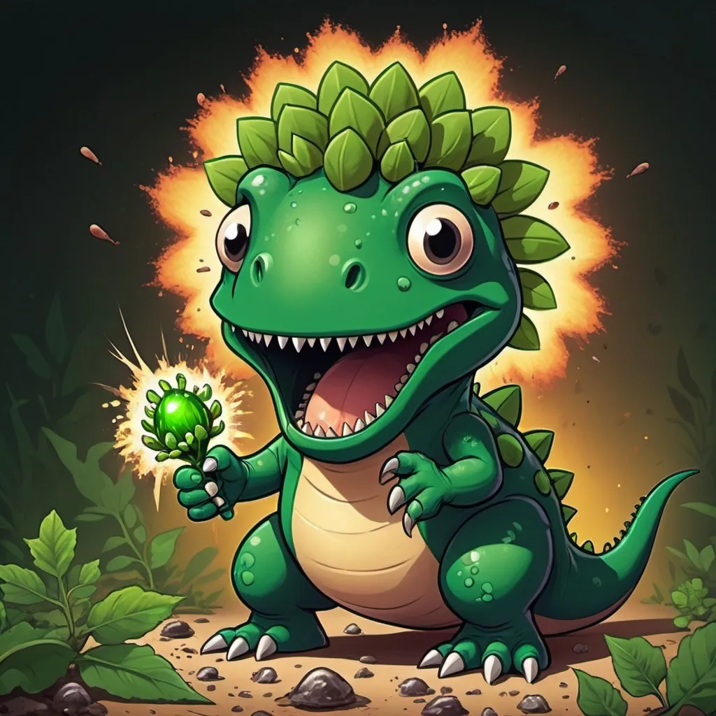 Prompt: frogo-dino-thing with a green flower bulb on back shooting out leech seeds that grasp and grow into vine explosions, in card art style
