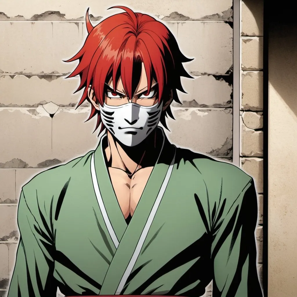 Prompt: a man with red hair and a demon mask on, standing in front of a wall with a hole in it, Baiōken Eishun, sots art, official art, a comic book panel