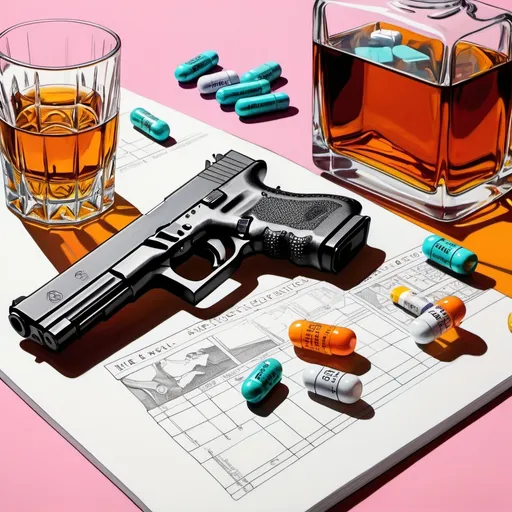 Prompt: fine line drawing, table with a glock pistol on it, a bottle of whiskey, and pills, vivid pastel color scheme