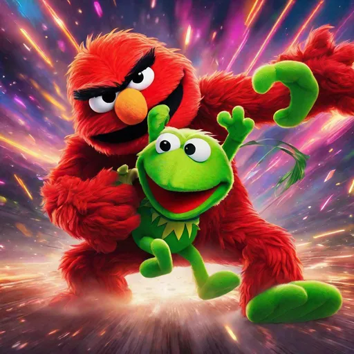 Prompt: Angry Elmo in anime battle against Kermit the Frog, high detailed, intense action scene, anime, bright and vibrant colors, dynamic lighting, anime drawring, fierce expressions, high energy, intense fight, professional, vibrant colors, dynamic lighting, high detailed, anime battle, intense expressions